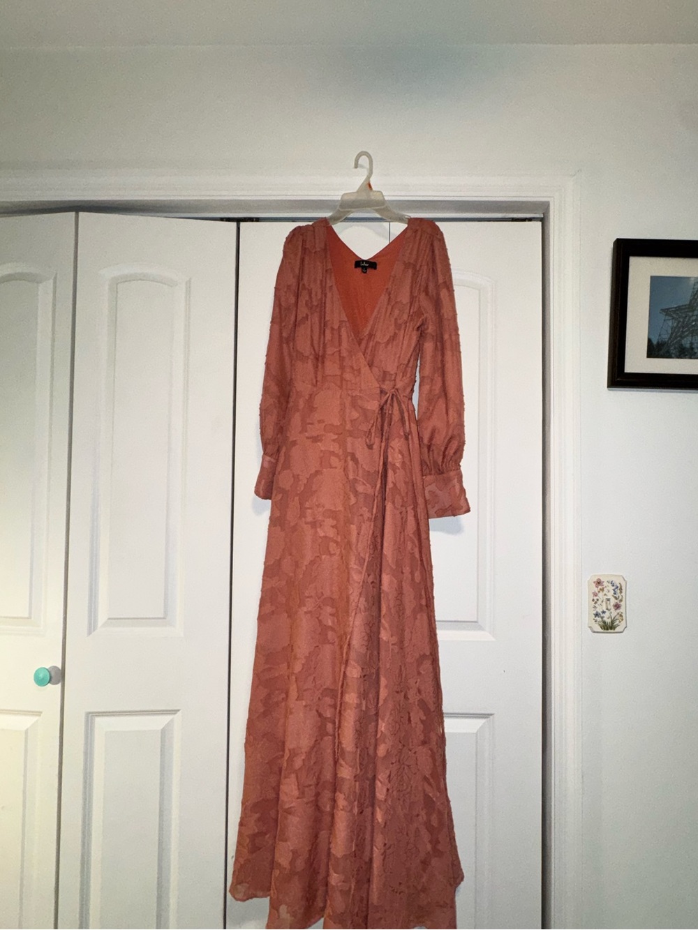Lulus Dusty Rose Floral Jacquard Long Sleeve Wrap Maxi Dress Large